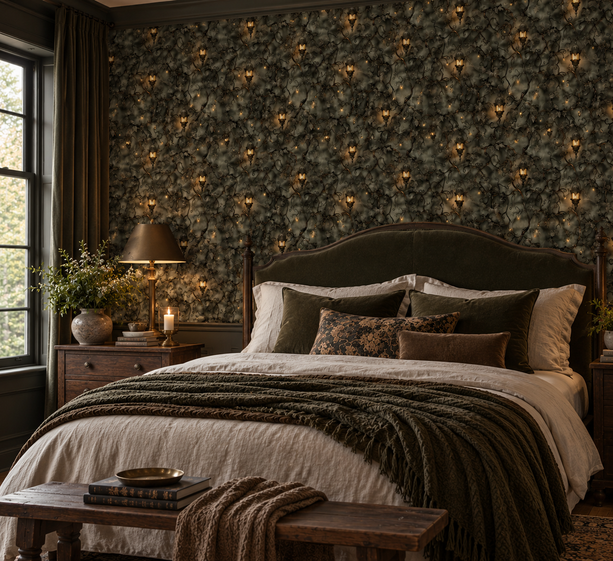 Dark botanical wallpaper with twisting ivy vines, glowing vintage lanterns and warm golden lights on a moody charcoal green background in bedroom.