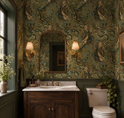The Hag sea witch wallpaper featuring mysterious ocean witches, mythical sea serpents and twisting underwater botanicals in muted olive green, teal and antique gold in powder room.
