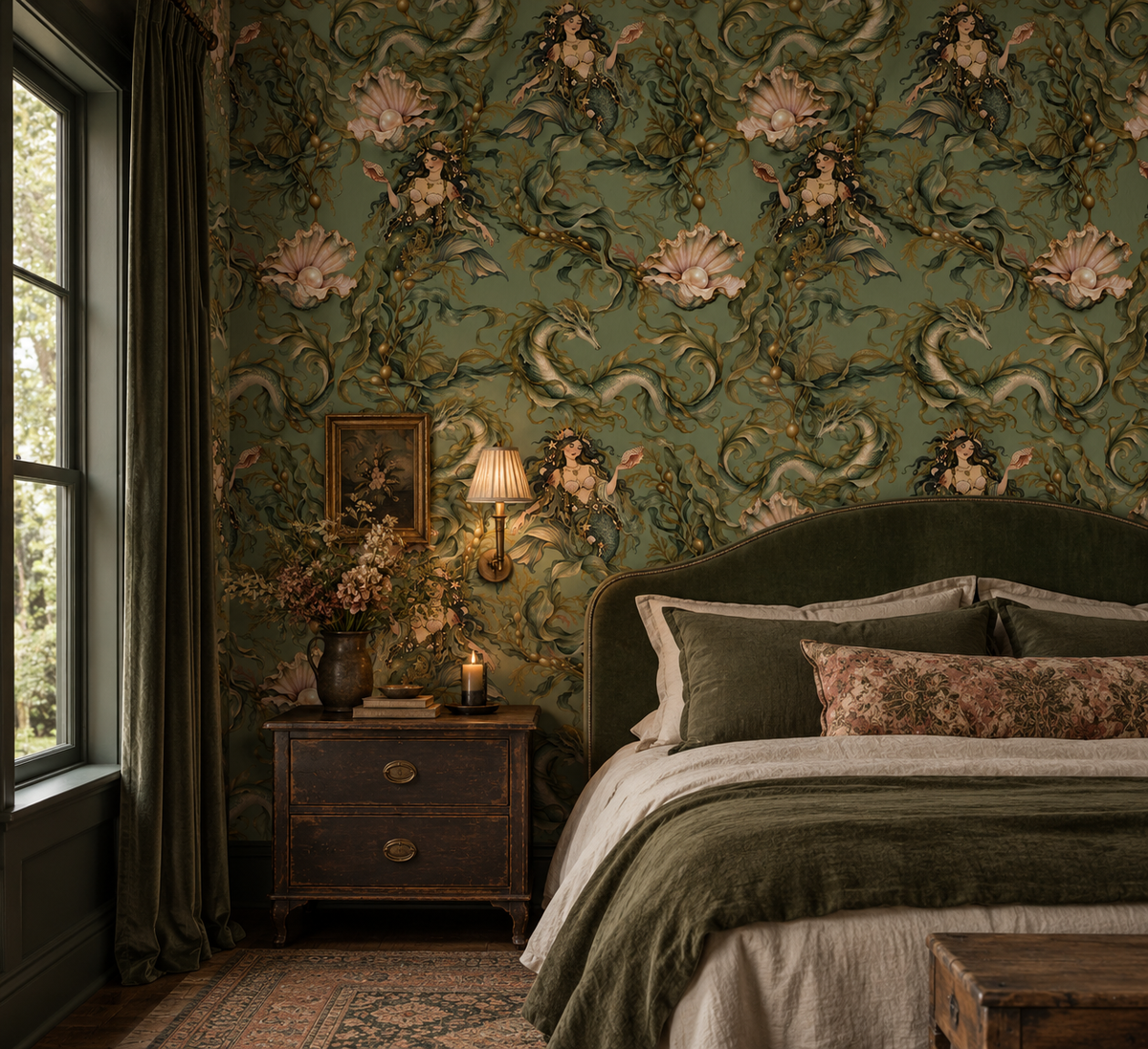 Moody green mythical sea life wallpaper featuring dark-haired sirens, curling sea serpents, flowing seaweed and blush pink oyster shells with pearls in a vintage botanical illustration style in bedroom.