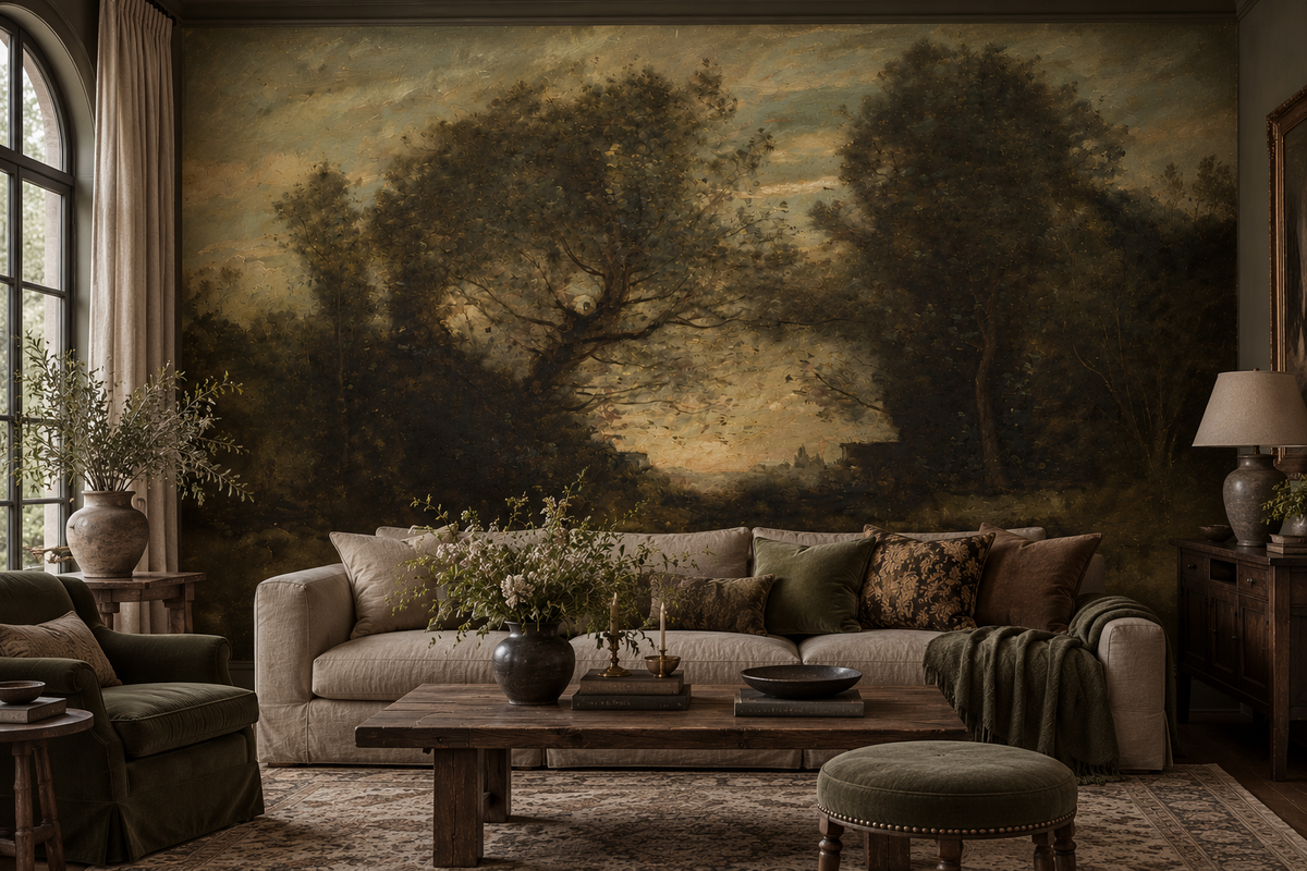 The Last Light moody woodland wall mural featuring vintage landscape artwork, dark olive trees, and a softly glowing golden sky in living room.