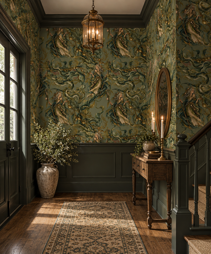 The Hag sea witch wallpaper featuring mysterious ocean witches, mythical sea serpents and twisting underwater botanicals in muted olive green, teal and antique gold in entryway