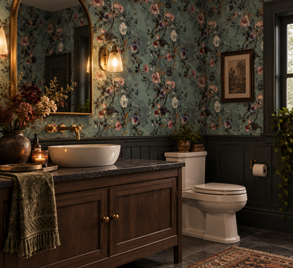 Vintage floral wallpaper with soft pink, cream and purple flowers, dark trailing branches and muted foliage on a dusty teal background n bathroom