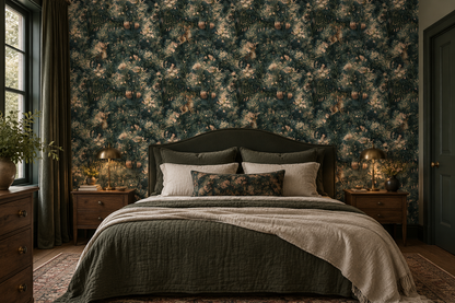 Dark green woodland wallpaper featuring antlered jackalopes surrounded by blush flowers and lush botanical foliage in bedroom