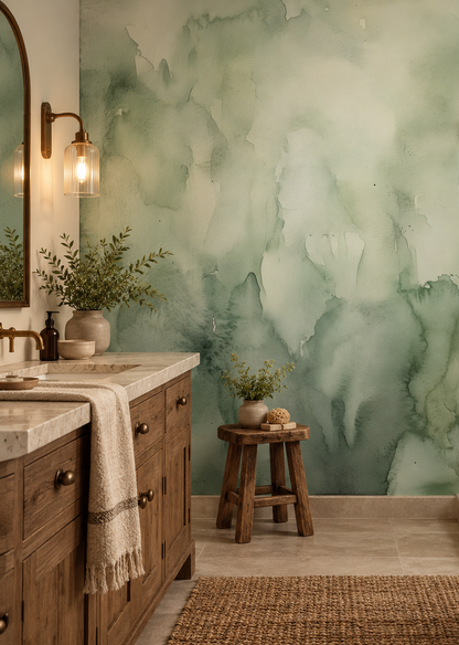 Sage Green Watercolor Wallpaper Mural – Soft Mist Texture