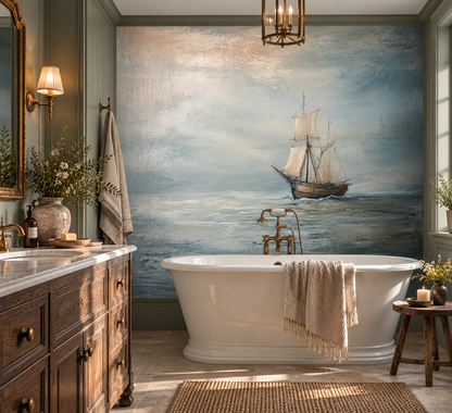 Vintage sailing ship wall mural featuring a weathered wooden ship with ivory sails crossing a misty blue-grey ocean beneath an atmospheric sky in bathroom.