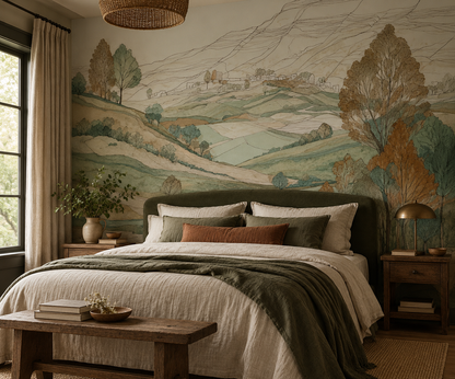 Vintage countryside landscape wall mural in a cozy bedroom featuring rolling green hills, delicate trees and a distant village in earthy sage and ochre tones.