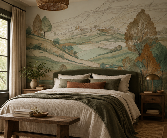 Vintage countryside landscape wall mural in a cozy bedroom featuring rolling green hills, delicate trees and a distant village in earthy sage and ochre tones.