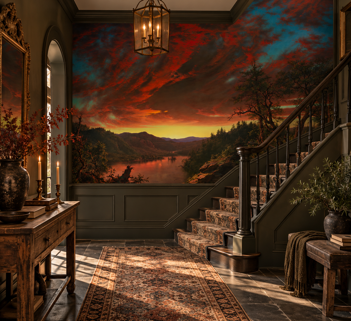 Dramatic vintage sunset landscape mural featuring crimson clouds, turquoise skies, a glowing river and dark woodland in entryway.