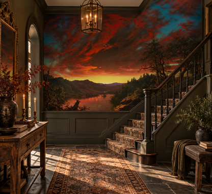 Dramatic vintage sunset landscape mural featuring crimson clouds, turquoise skies, a glowing river and dark woodland in entryway.