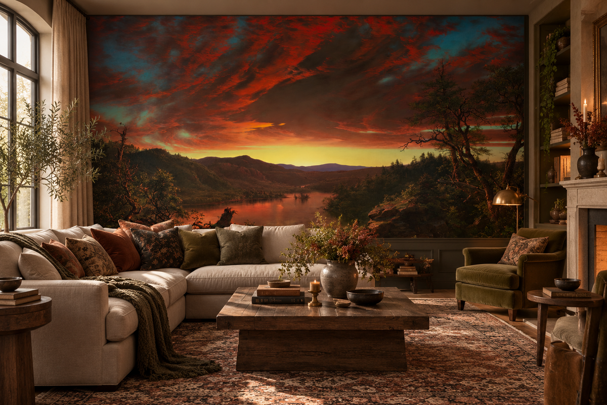 Dramatic vintage sunset landscape mural featuring crimson clouds, turquoise skies, a glowing river and dark woodland in living room