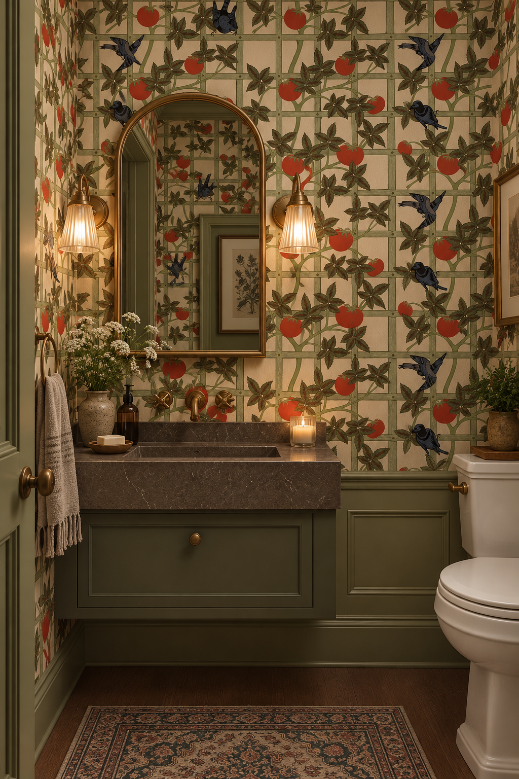 Vintage botanical wallpaper featuring black birds, red tomatoes and climbing green vines on a cream garden trellis in powder room.