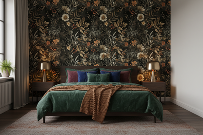 Dark floral wallpaper featuring vintage wildflowers, botanical foliage, and warm autumn tones on a black background, creating a moody cottagecore powder room with gothic charm, in bedroom