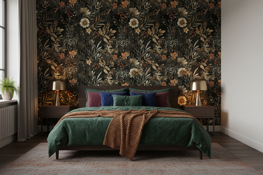 Dark floral wallpaper featuring vintage wildflowers, botanical foliage, and warm autumn tones on a black background, creating a moody cottagecore powder room with gothic charm, in bedroom