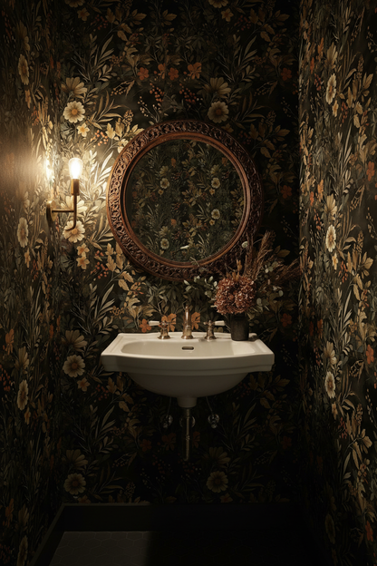 Dark floral wallpaper featuring vintage wildflowers, botanical foliage, and warm autumn tones on a black background, creating a moody cottagecore powder room with gothic charm, in powder room.