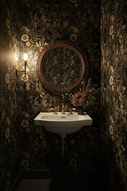 Dark floral wallpaper featuring vintage wildflowers, botanical foliage, and warm autumn tones on a black background, creating a moody cottagecore powder room with gothic charm, in powder room.