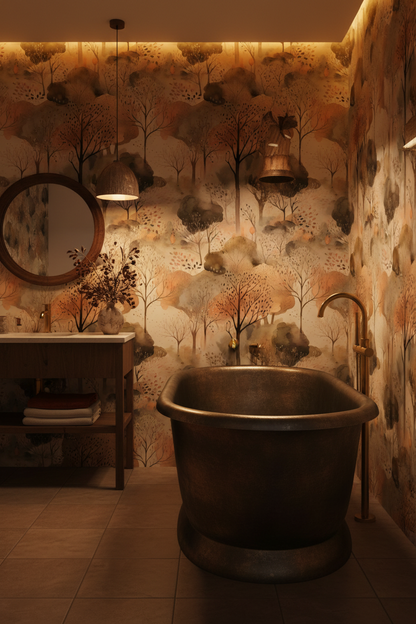 Watercolor wallpaper featuring soft autumn forest trees with warm amber, burnt orange, and golden yellow foliage on a misty neutral background in bathroom