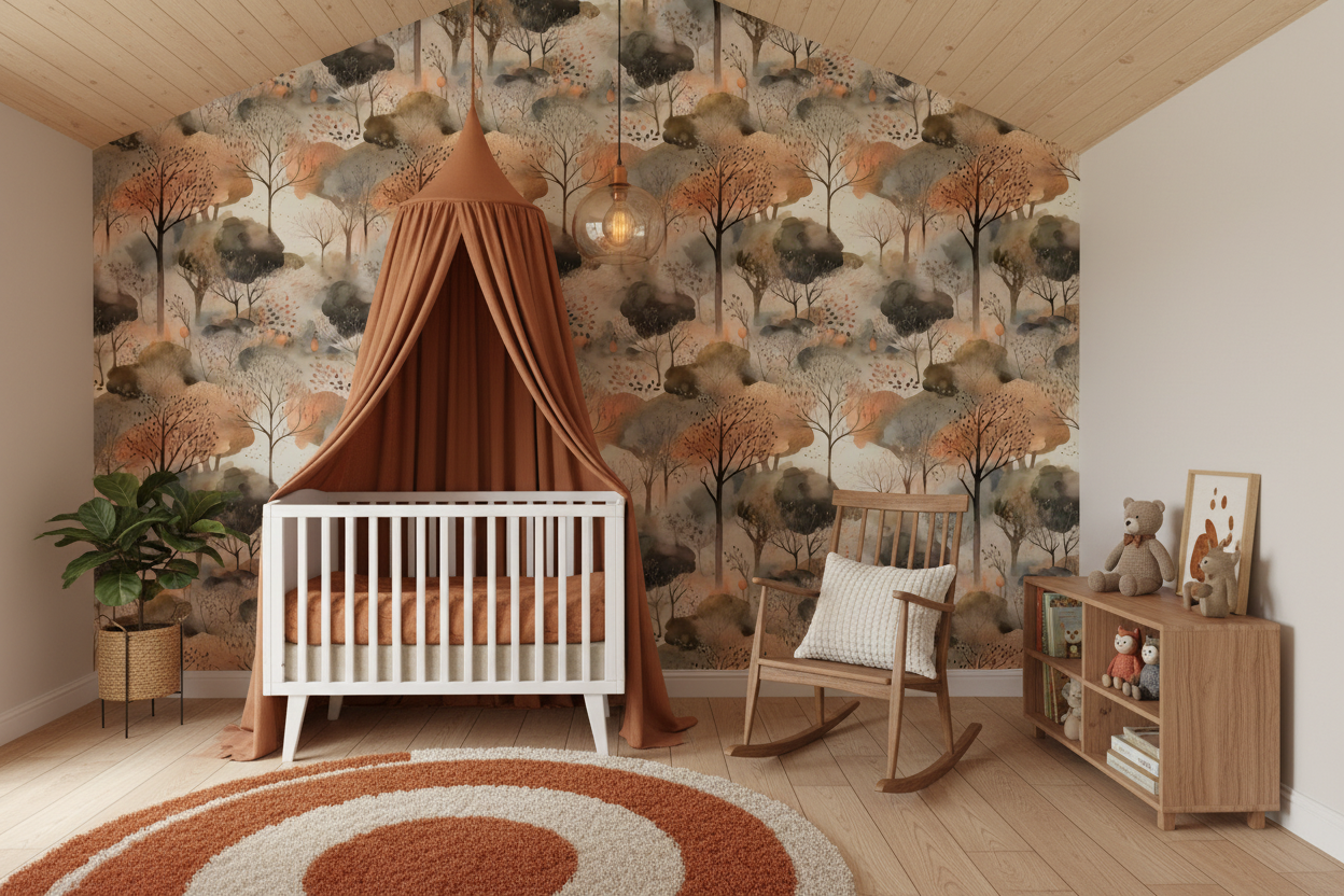 Watercolor wallpaper featuring soft autumn forest trees with warm amber, burnt orange, and golden yellow foliage on a misty neutral background in nursery