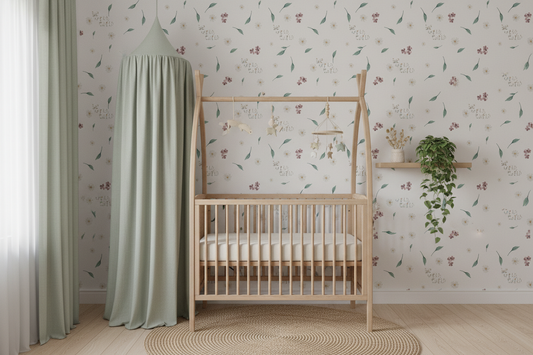 Neutral nursery wallpaper featuring delicate wildflowers, leafy botanicals, and the phrase "Be Wild Child" on a soft cream background, creating a whimsical cottagecore nursery space.