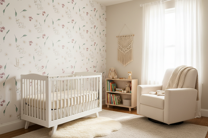 Neutral nursery wallpaper featuring delicate wildflowers, leafy botanicals, and the phrase "Be Wild Child" on a soft cream background, creating a whimsical cottagecore nursery space.