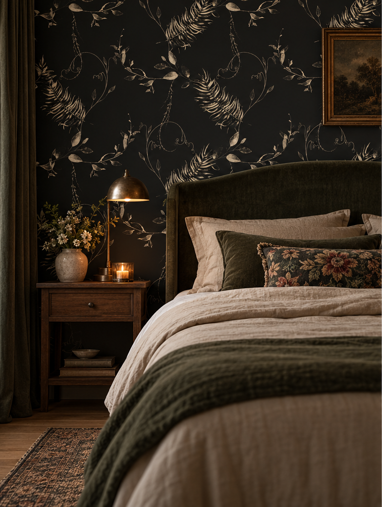 Dark botanical peel and stick wallpaper with antique gold leaves and delicate branches on a black background, styled in a moody bedroom.