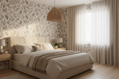 Beige Botanical Wallpaper Bedroom Mockup