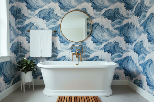 Blue Wave Wallpaper Bathroom Mockup