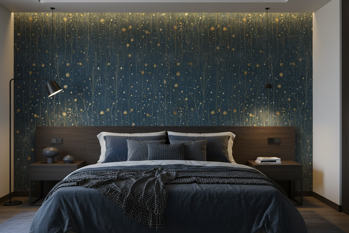 Dark starry meadow wallpaper with delicate wildflower stems and golden stars on a deep blue background in bedroom