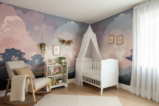  a dreamy, romantic forest wallpaper mural with soft pink and blush tones under a cloudy sky in a nursery