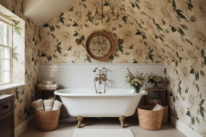 Large cream dahlia wallpaper with oversized floral blooms and deep green foliage on a soft white background in bathroom