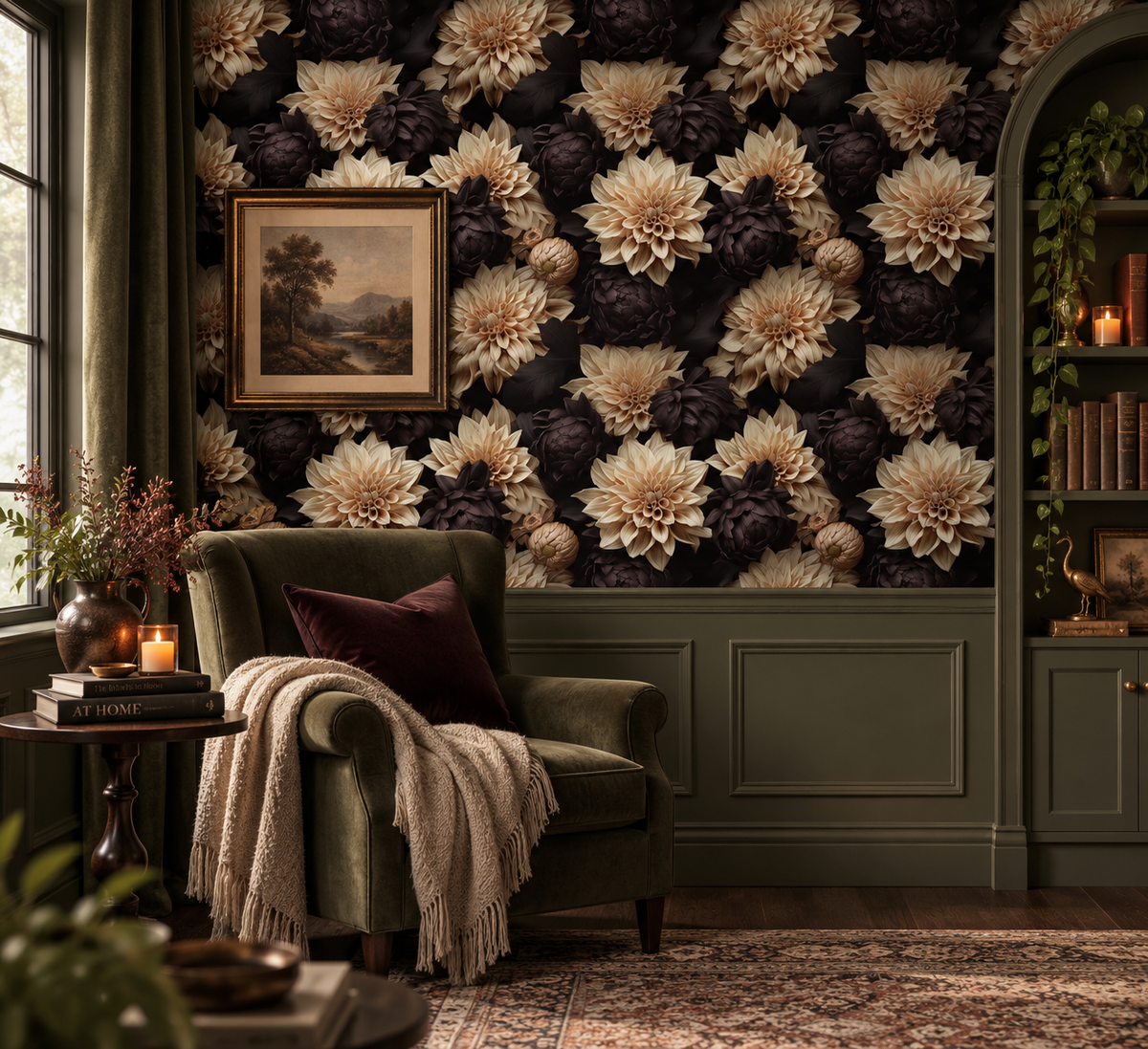 Dark floral wallpaper with large realistic cream dahlias and deep black flowers on a dramatic black background in living room
