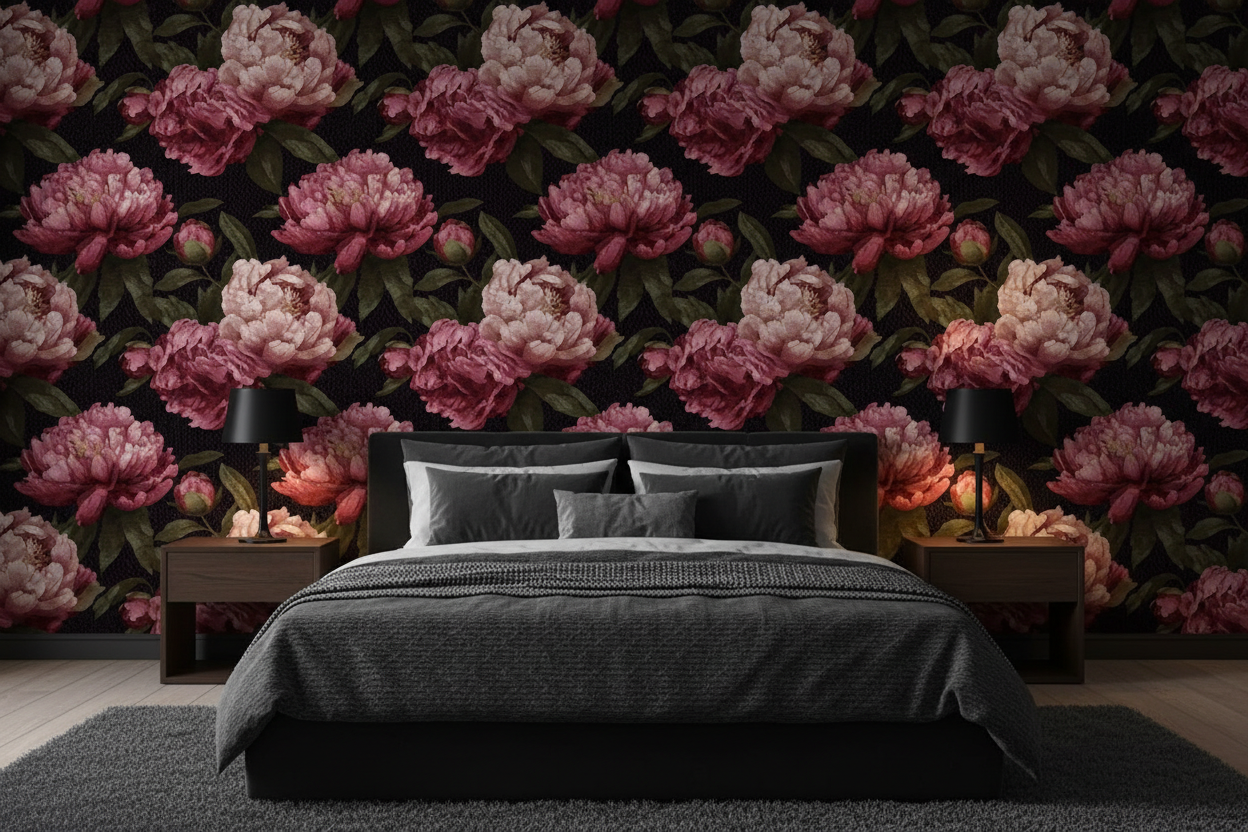 Dark Black Peony - Bedroom Mockup