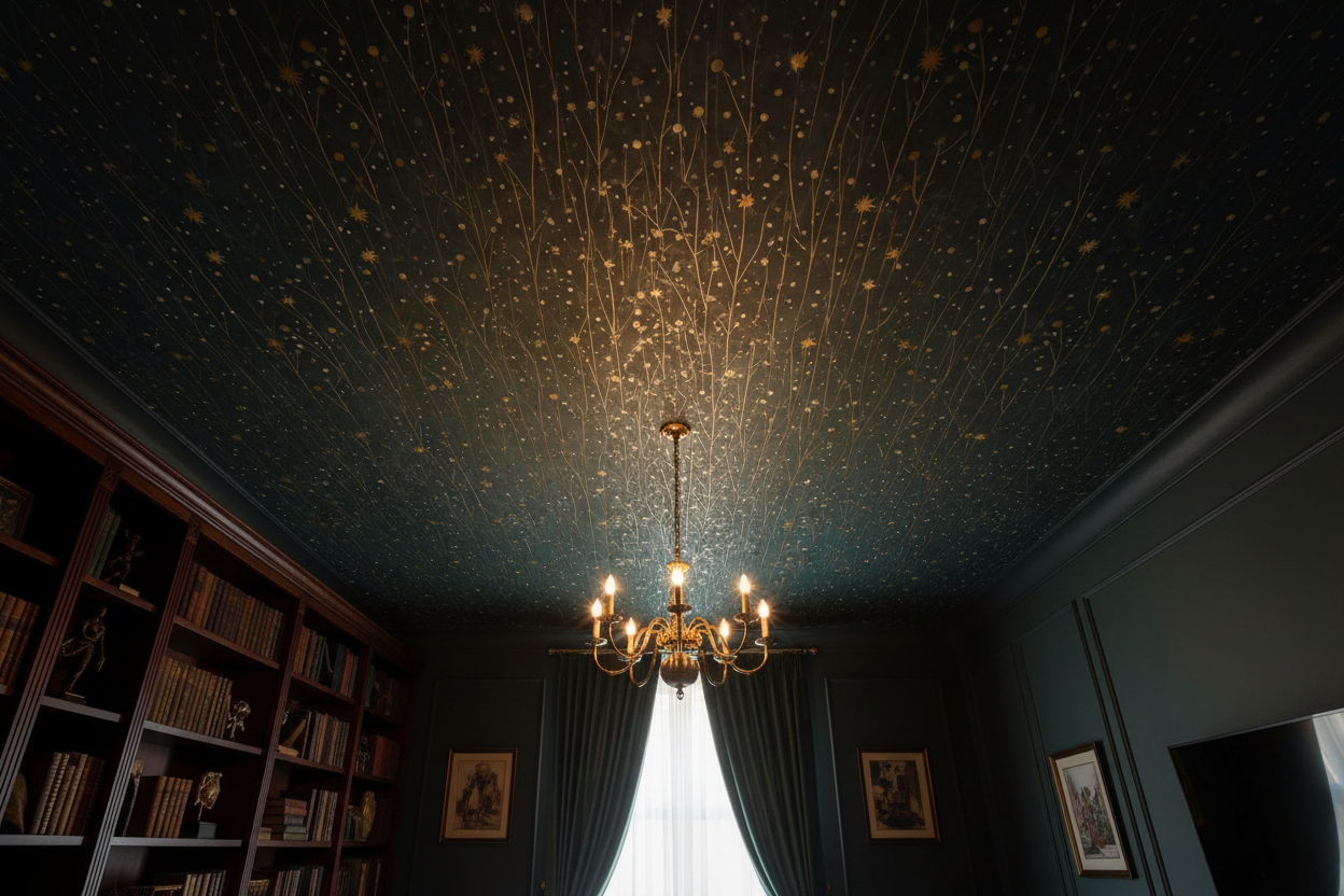 Dark starry meadow wallpaper with delicate wildflower stems and golden stars on a deep blue background On ceiling 