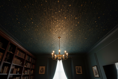 Dark starry meadow wallpaper with delicate wildflower stems and golden stars on a deep blue background On ceiling 