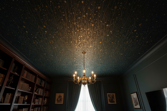 Dark starry meadow wallpaper with delicate wildflower stems and golden stars on a deep blue background On ceiling 