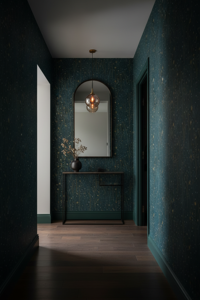 Dark starry meadow wallpaper with delicate wildflower stems and golden stars on a deep blue background in hallway