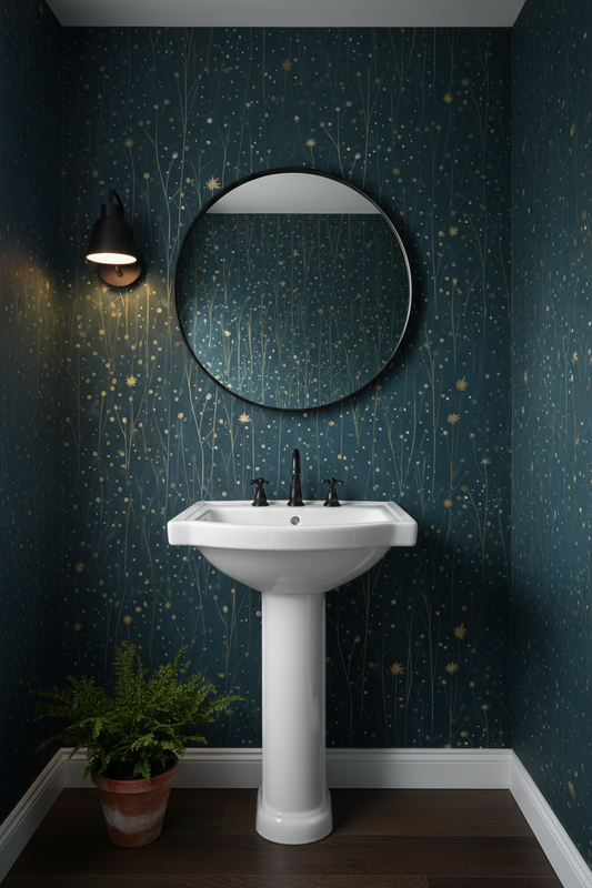 Dark starry meadow wallpaper with delicate wildflower stems and golden stars on a deep blue background on roll  in powder room