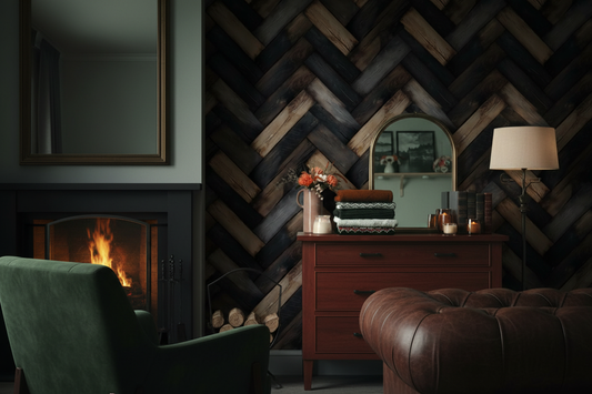 Rustic herringbone wood wallpaper featuring alternating dark stained and natural wood planks with realistic grain, texture, and reclaimed farmhouse character in bedroom
