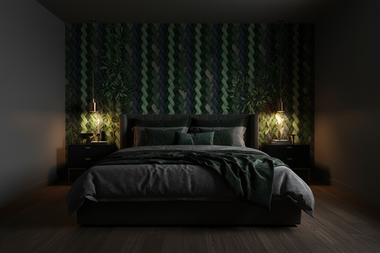 Dark Striped Botanical Vine Bedroom Mockup
