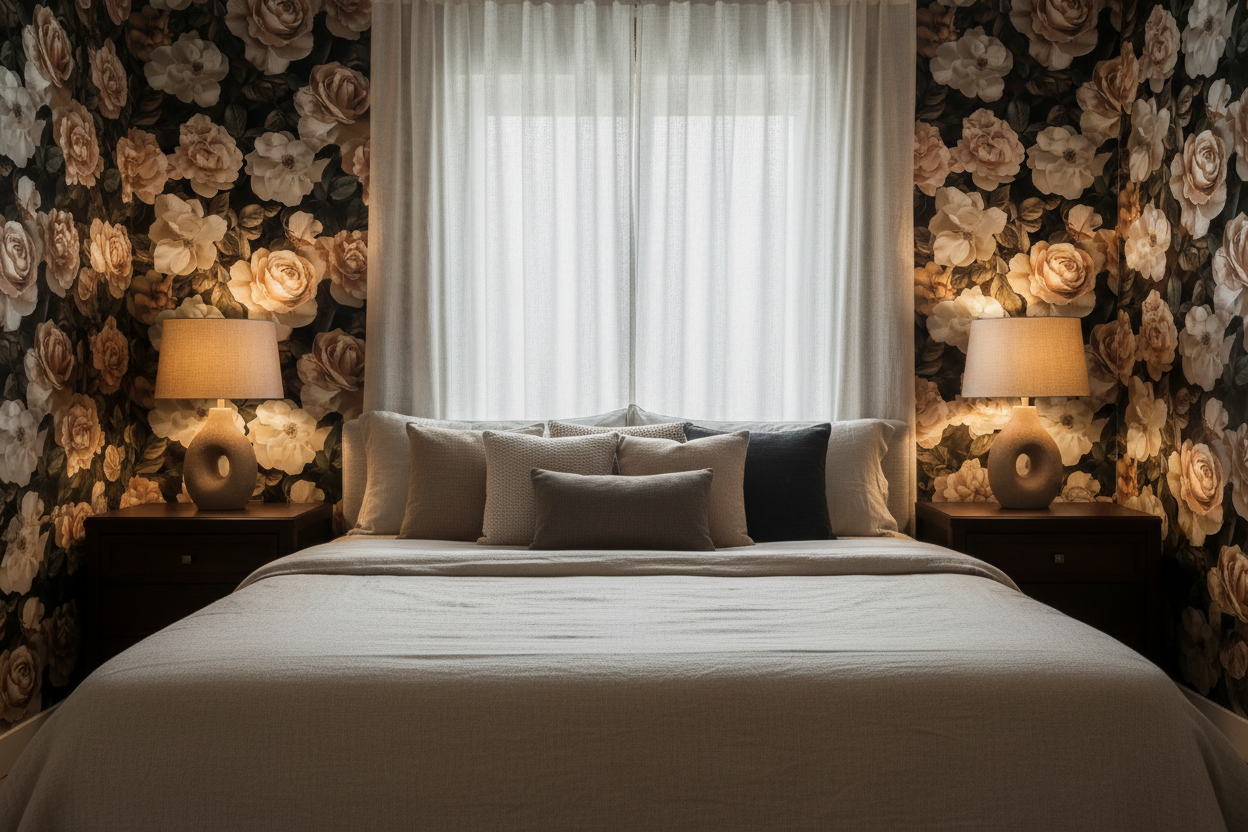 Soft watercolor wallpaper with layered rose and blush floral motifs in muted dusty pink and mauve tones on a warm neutral background in bedroom
