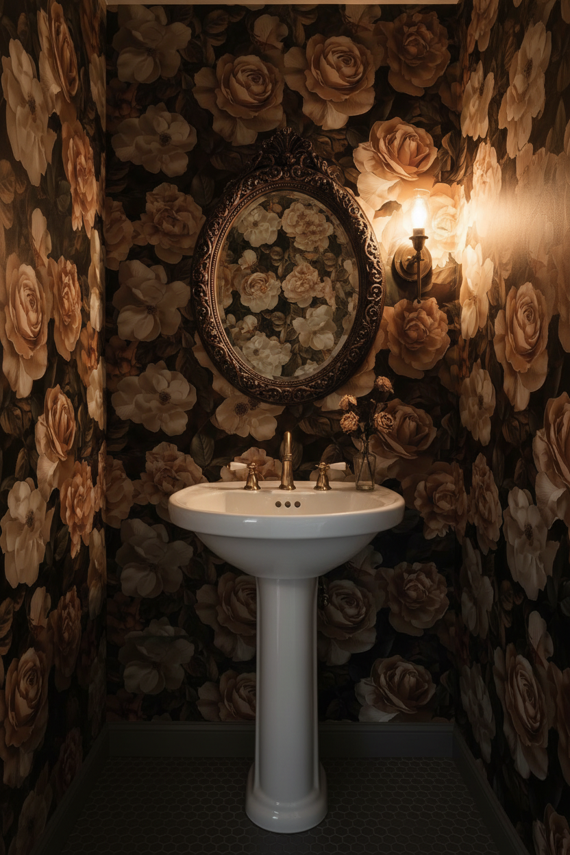 Soft watercolor wallpaper with layered rose and blush floral motifs in muted dusty pink and mauve tones on a warm neutral background in powder room
