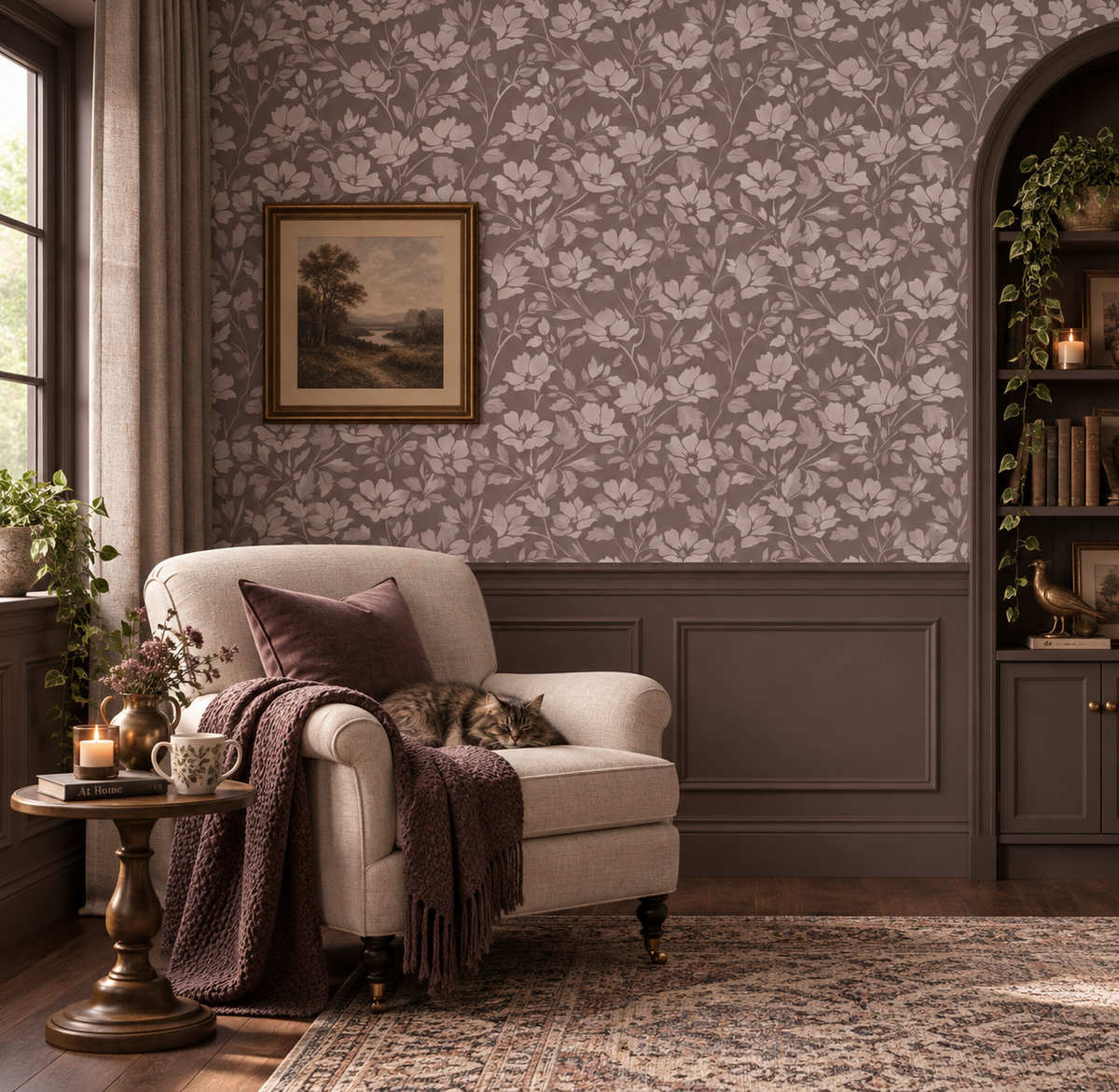 vintage floral wallpaper with soft blush flowers and leafy vines on a dusty mauve background in a cozy cottagecore reading room.