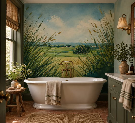 Watercolour countryside landscape wall mural featuring tall meadow grasses, rolling green fields and a soft blue summer sky in a vintage cottagecore style in bathroom