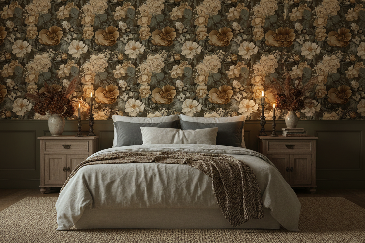Vintage floral wallpaper featuring cream, ivory, and taupe roses with layered botanical blooms on a muted olive background, creating a warm cottagecore and traditional garden aesthetic.