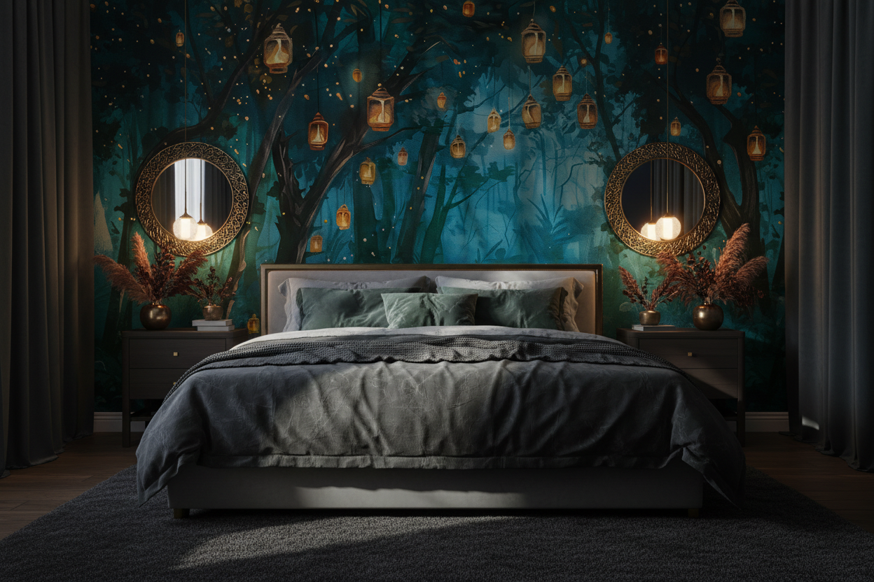 Enchanted forest wallpaper featuring glowing lanterns hanging among woodland trees above a moonlit stream, creating a whimsical fairytale aesthetic for bedrooms,  reading nooks, and cottagecore interiors, in bedroom