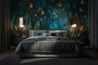 Enchanted forest wallpaper featuring glowing lanterns hanging among woodland trees above a moonlit stream, creating a whimsical fairytale aesthetic for bedrooms,  reading nooks, and cottagecore interiors, in bedroom