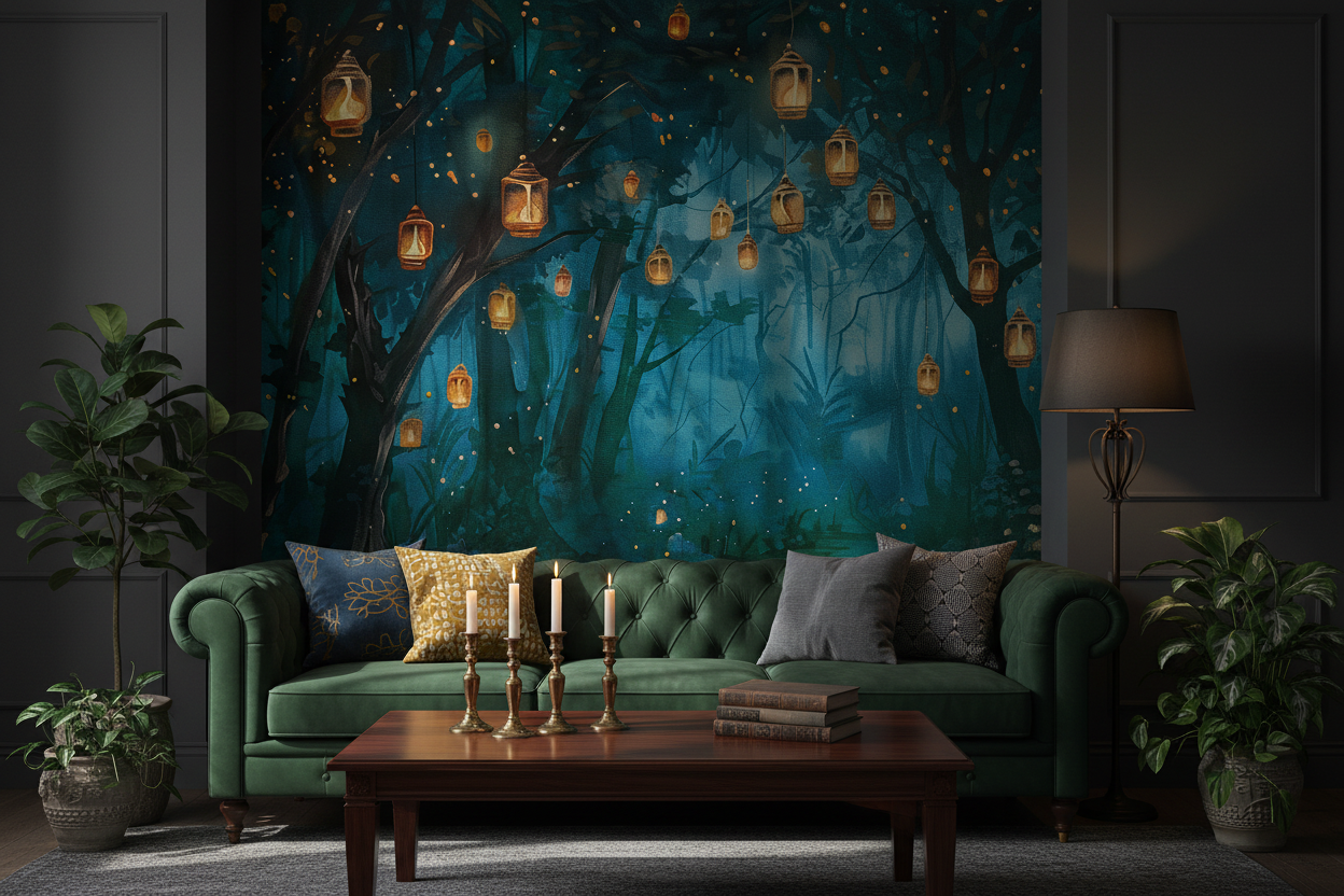 Enchanted forest wallpaper featuring glowing lanterns hanging among woodland trees above a moonlit stream, creating a whimsical fairytale aesthetic for bedrooms, nurseries, reading nooks, and cottagecore interiors, in living room