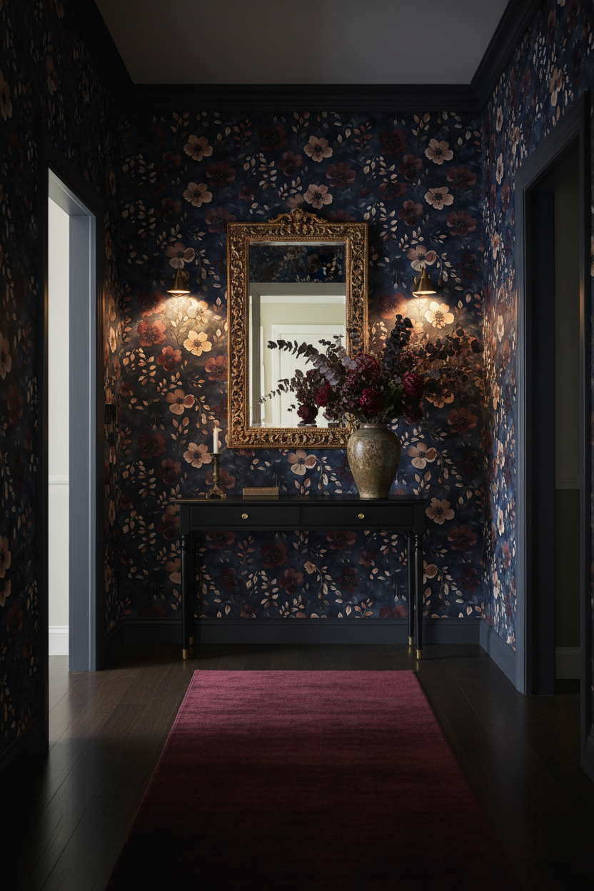 Moody botanical wallpaper featuring delicate primrose blooms and trailing vines in soft gold, cream, and warm amber tones on a deep rich background in entryway