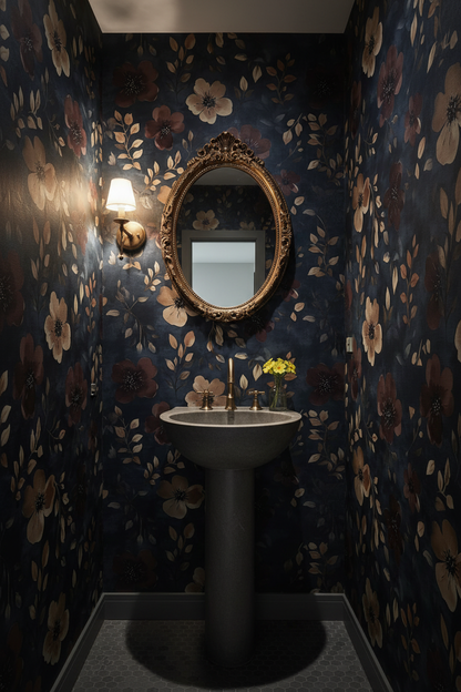 Moody botanical wallpaper featuring delicate primrose blooms and trailing vines in soft gold, cream, and warm amber tones on a deep rich background in powder room