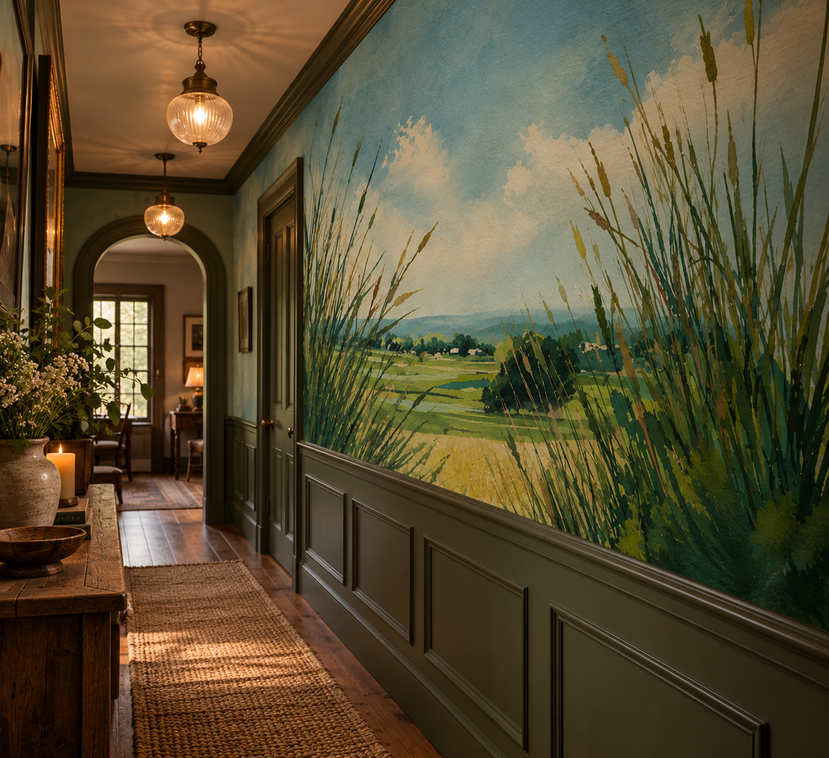 Watercolour countryside landscape wall mural featuring tall meadow grasses, rolling green fields and a soft blue summer sky in a vintage cottagecore style in hallway