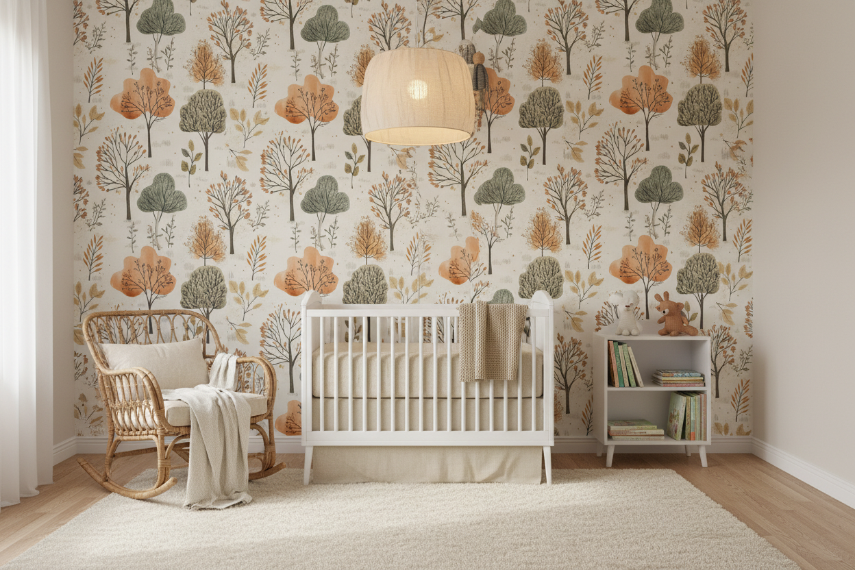 Whimsical children's wallpaper with illustrated woodland animals, trees, and forest creatures in soft sage green, warm beige, and muted earthy tones n nursery